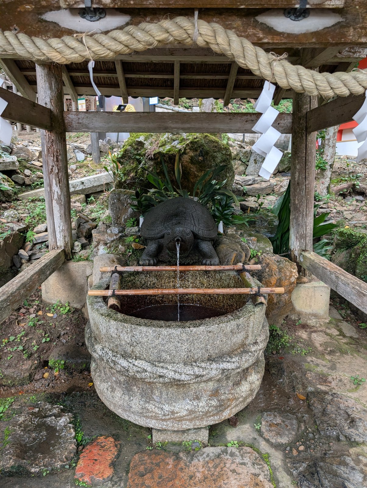 亀の井を正面から。石組みの屋根の下に水盤が据えられている