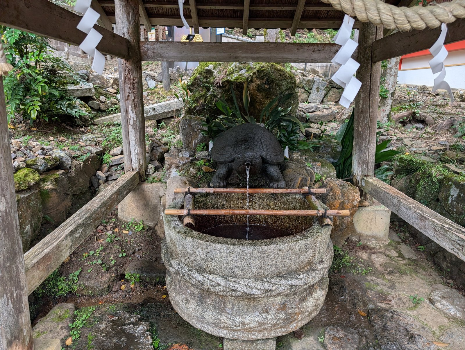 亀の井。亀の口から水が落ち、石の水盤にたまる