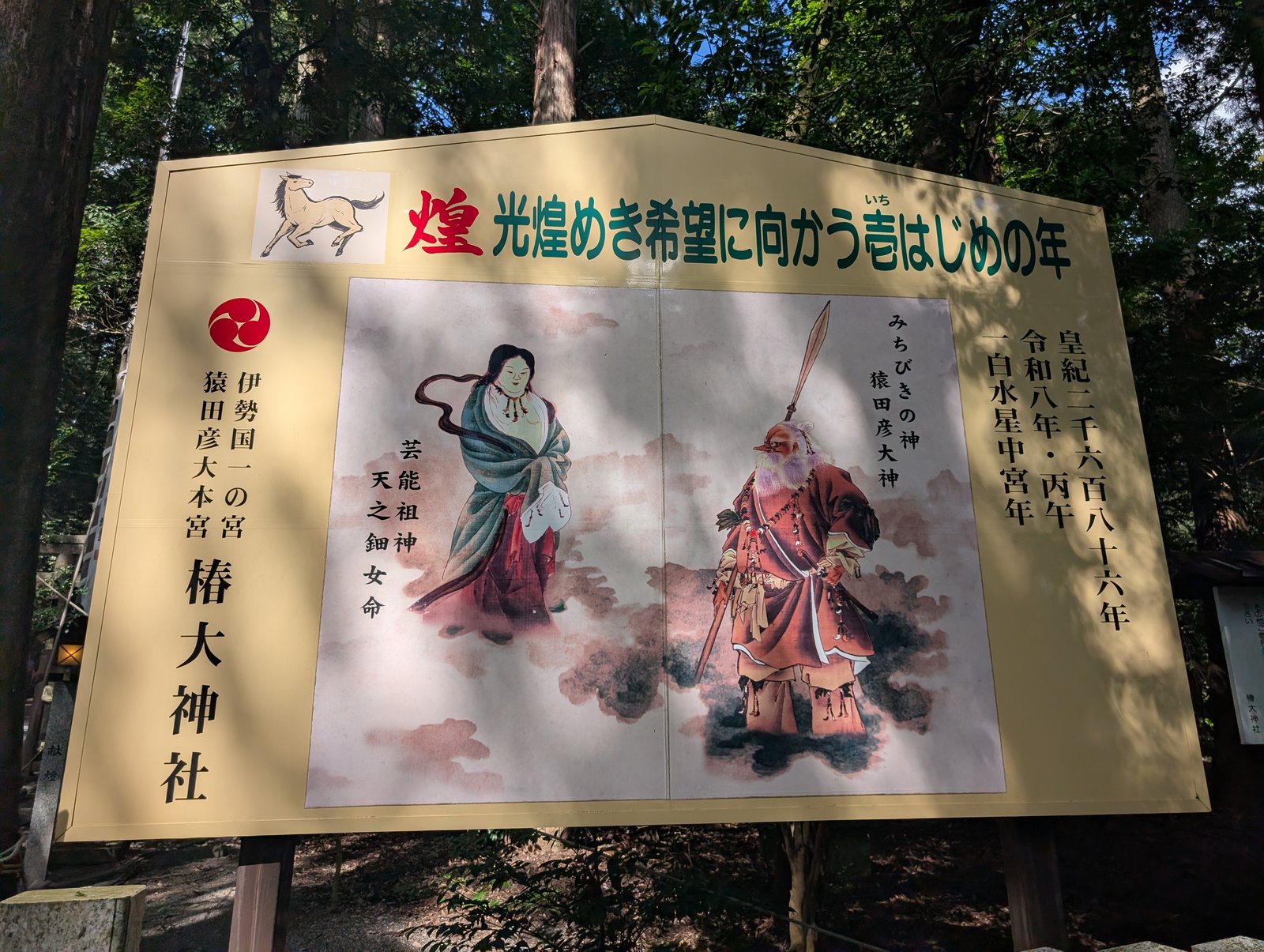 年頭の大看板。左に芸能祖神 天之鈿女命、右にみちびきの神 猿田彦大神