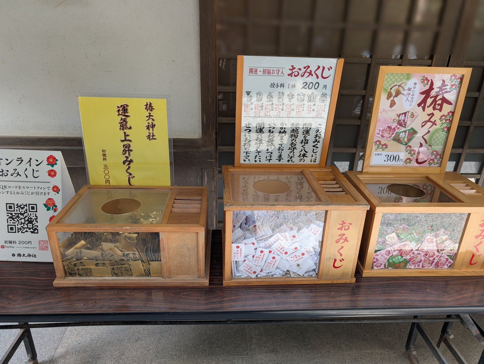 授与所前のおみくじ。運氣上昇みくじ・椿みくじ・お守入おみくじ