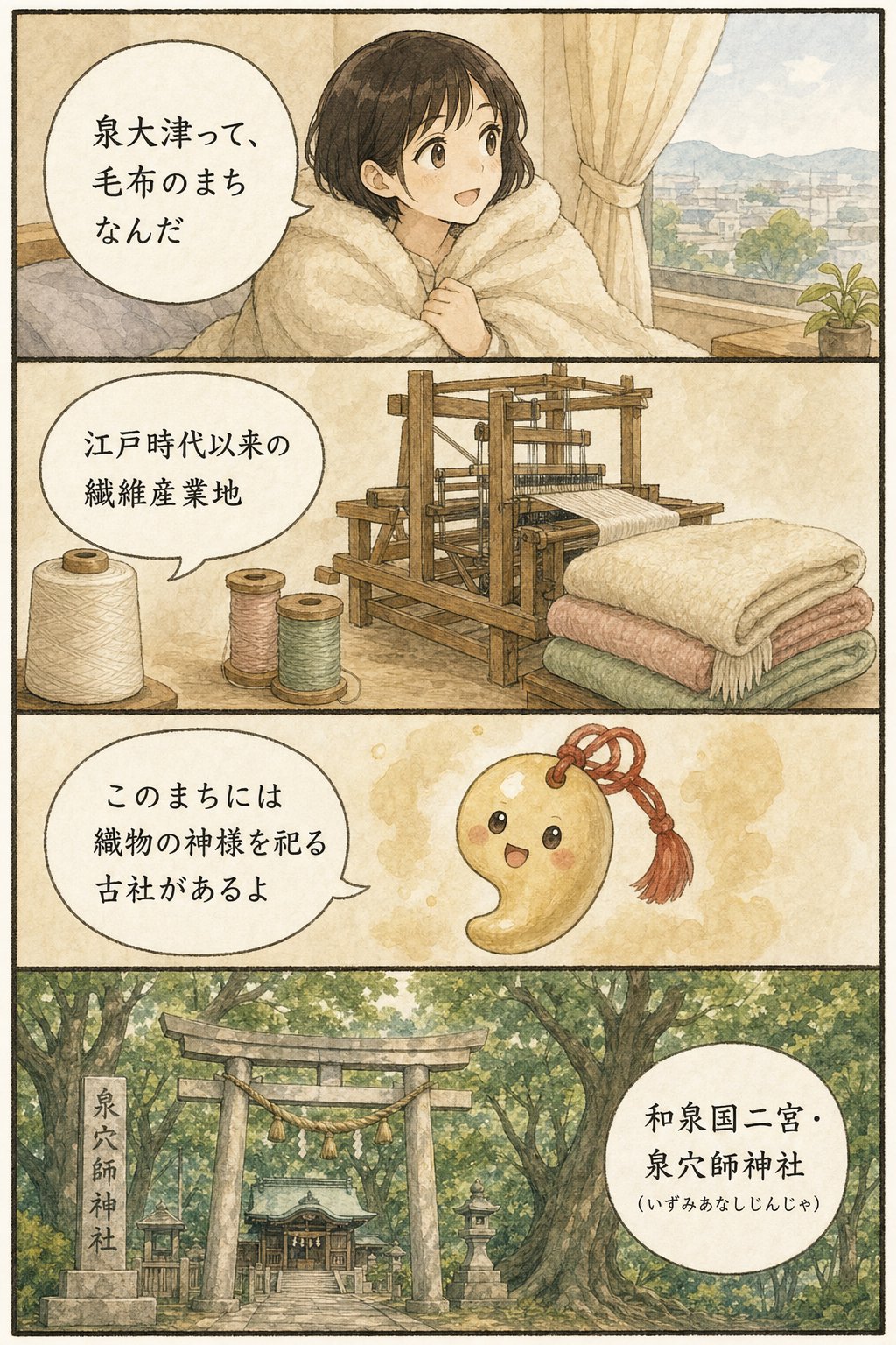 泉穴師神社|織物のまち泉大津を見守る夫婦の神と縁結びの信仰 まんが解説 1ページ目