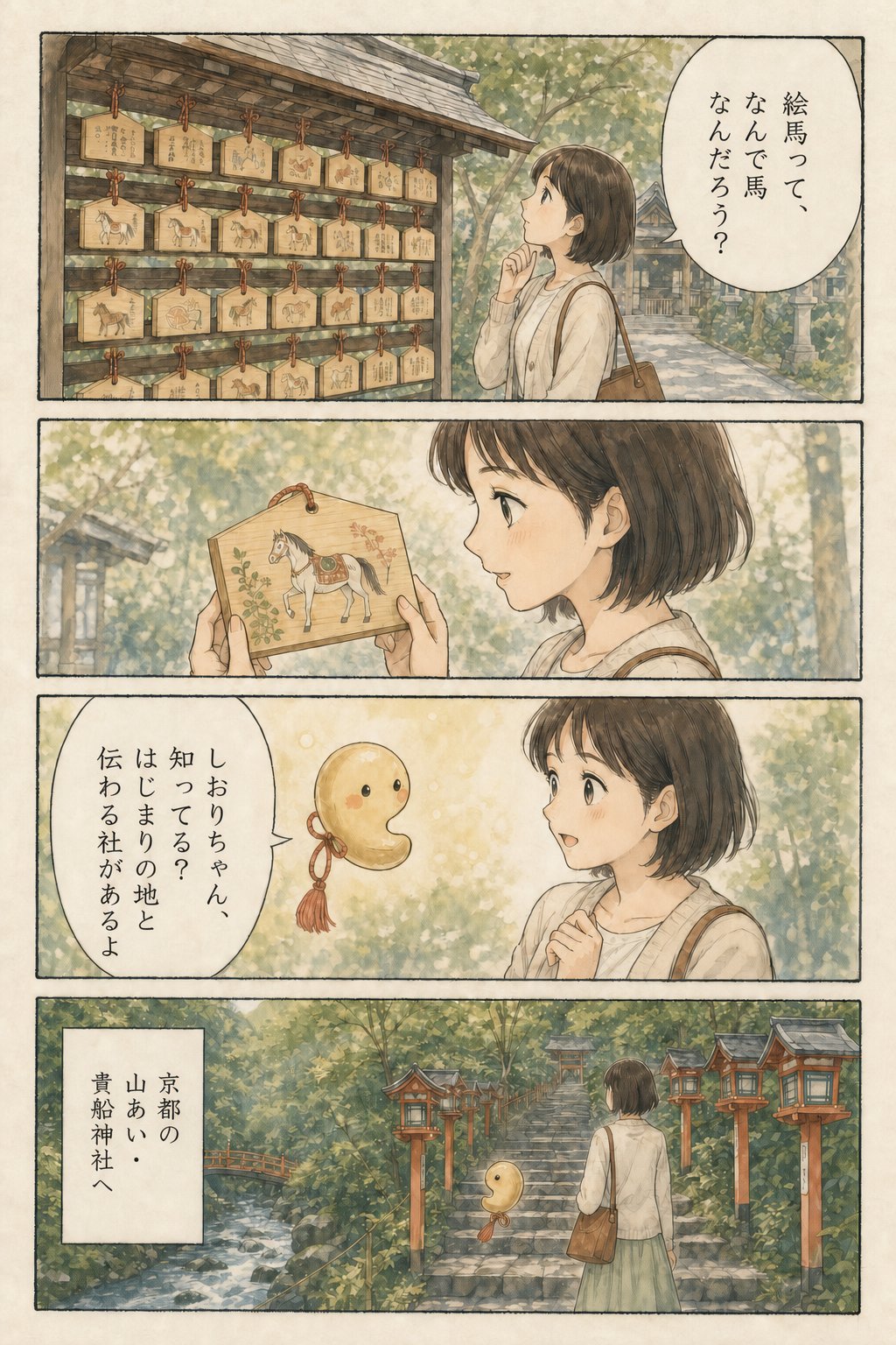 貴船神社は絵馬発祥の地と伝わる — 水の神に馬を捧げた雨乞いの話 まんが解説 1ページ目
