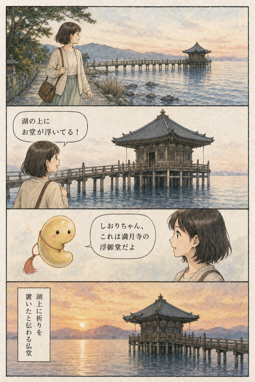 琵琶湖に浮かぶ浮御堂｜芭蕉が月を詠んだ満月寺と千体仏の伝承 まんが解説 1ページ目