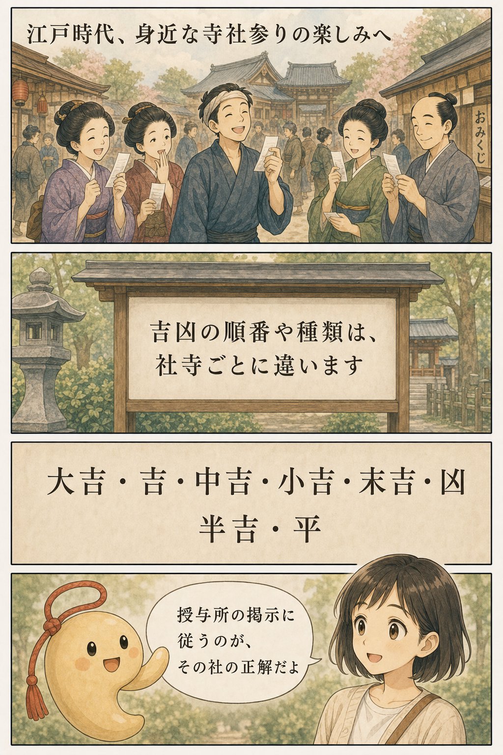 おみくじの歴史 — 起源から「結ぶか持ち帰るか」まで まんが解説 4ページ目