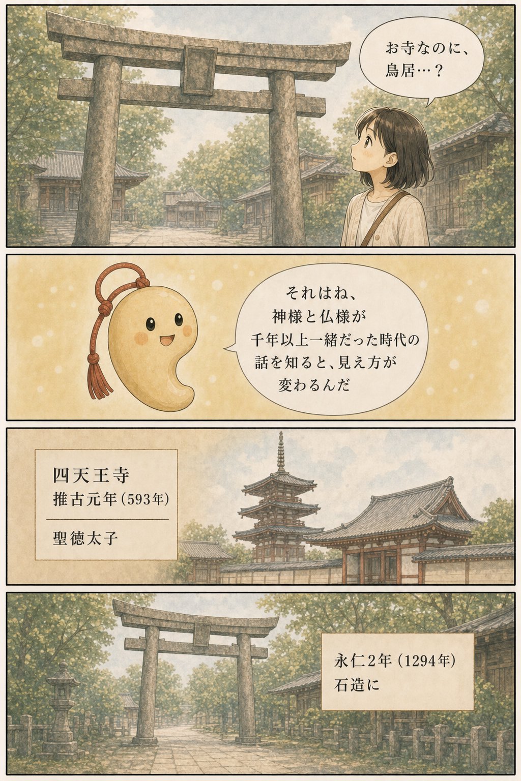 神仏習合とは — なぜお寺に鳥居?四天王寺の石鳥居に残る千年の記憶 まんが解説 1ページ目