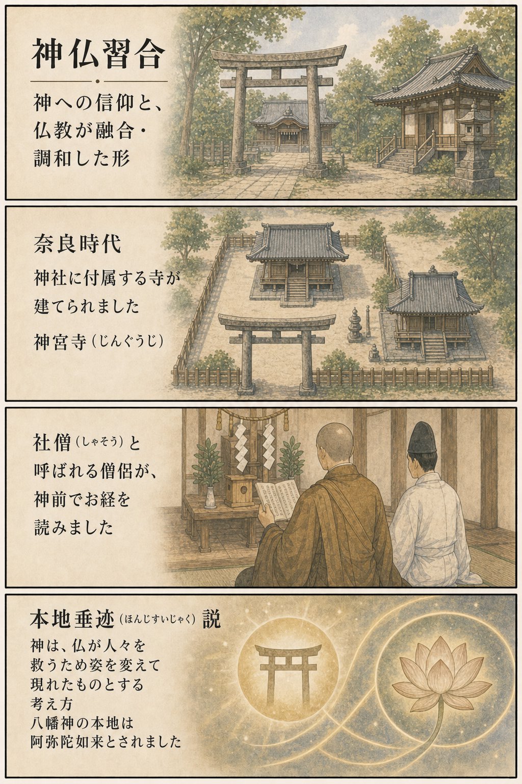 神仏習合とは — なぜお寺に鳥居?四天王寺の石鳥居に残る千年の記憶 まんが解説 2ページ目