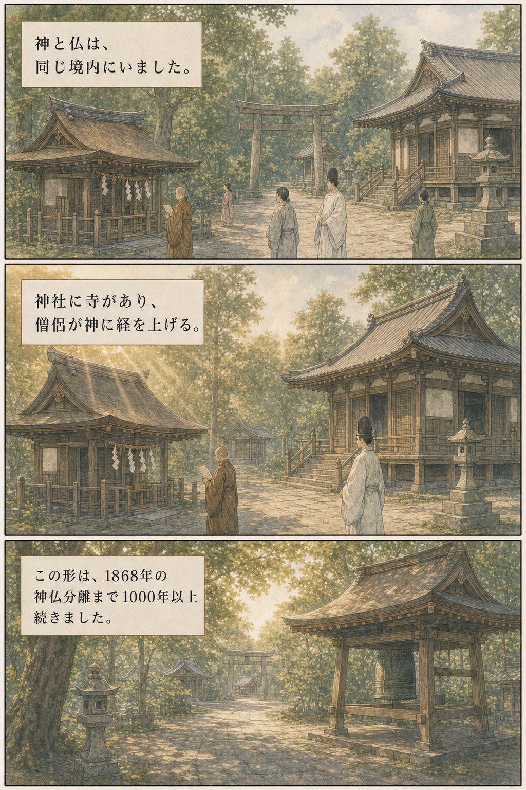 神仏習合とは — なぜお寺に鳥居?四天王寺の石鳥居に残る千年の記憶 まんが解説 3ページ目