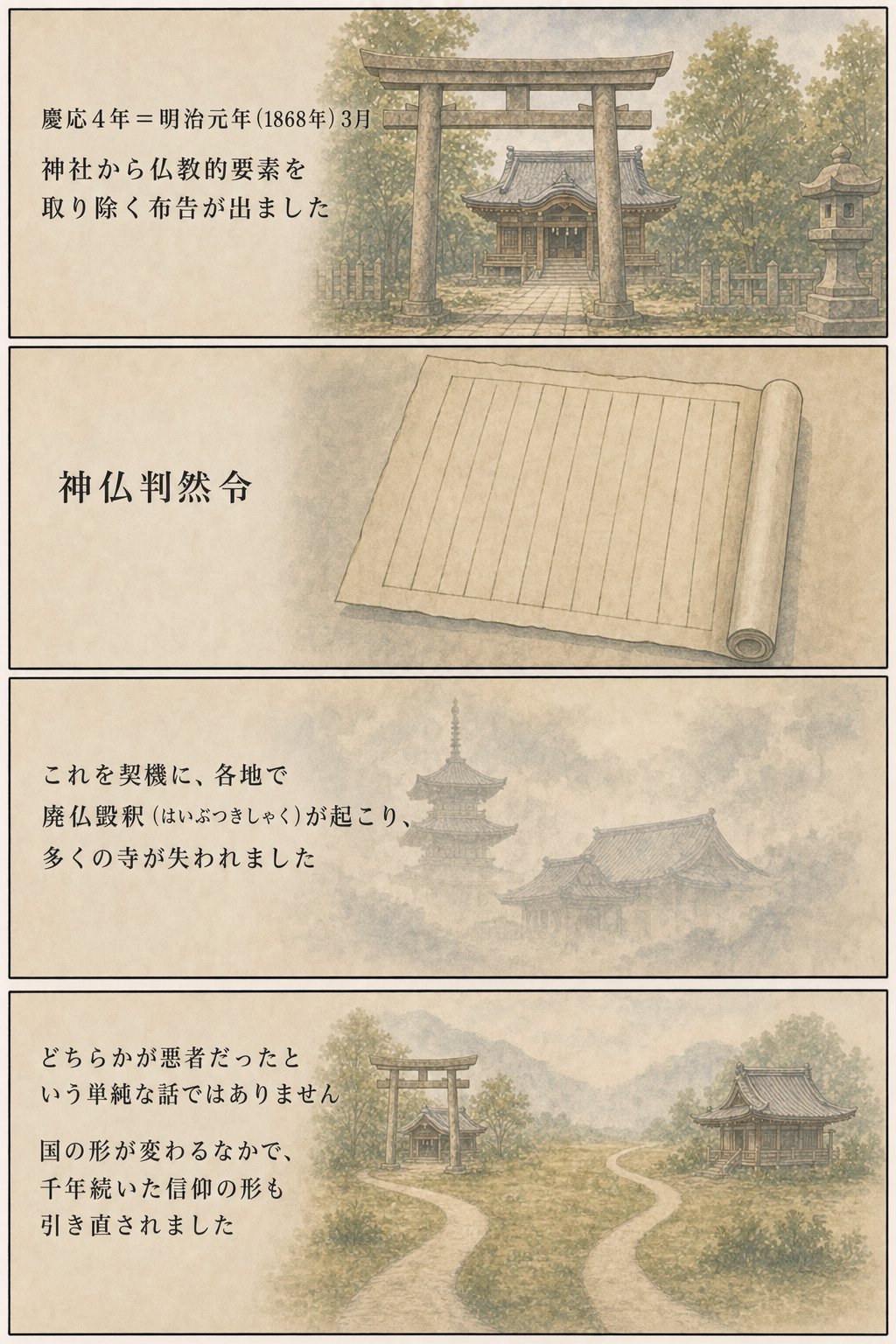 神仏習合とは — なぜお寺に鳥居?四天王寺の石鳥居に残る千年の記憶 まんが解説 4ページ目