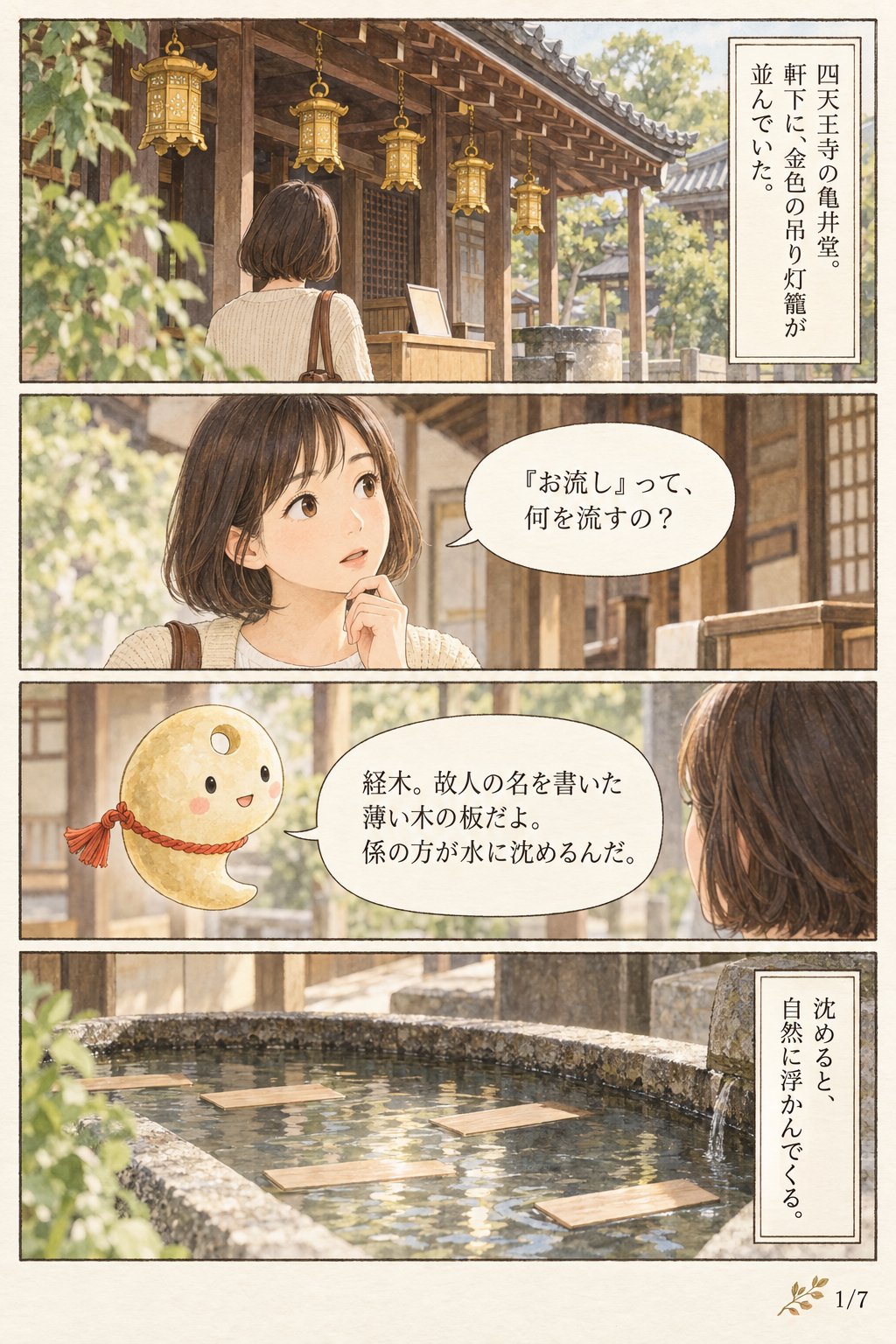 経木を水に沈めると、浮かんでくる — 四天王寺 亀井堂 まんが解説 1ページ目