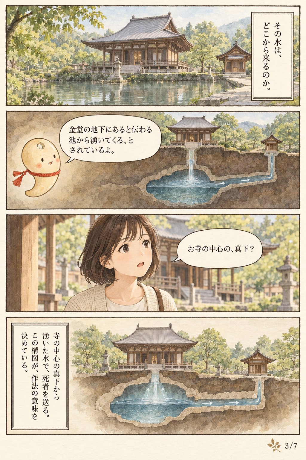 経木を水に沈めると、浮かんでくる — 四天王寺 亀井堂 まんが解説 3ページ目