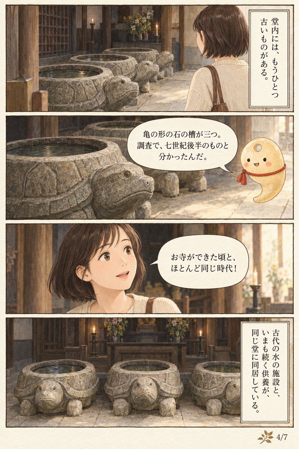 経木を水に沈めると、浮かんでくる — 四天王寺 亀井堂 まんが解説 4ページ目