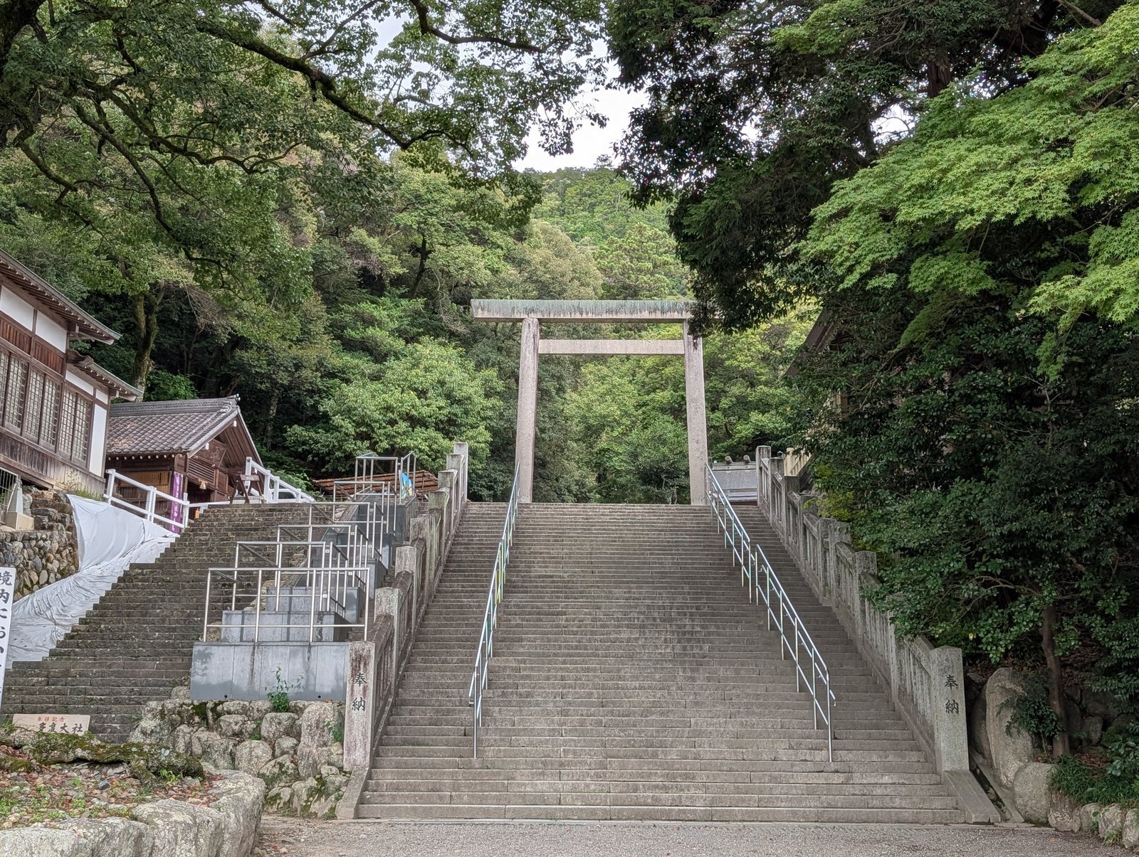 参道の入口。石鳥居と、木立に覆われた石段（2026-09-05 撮影）