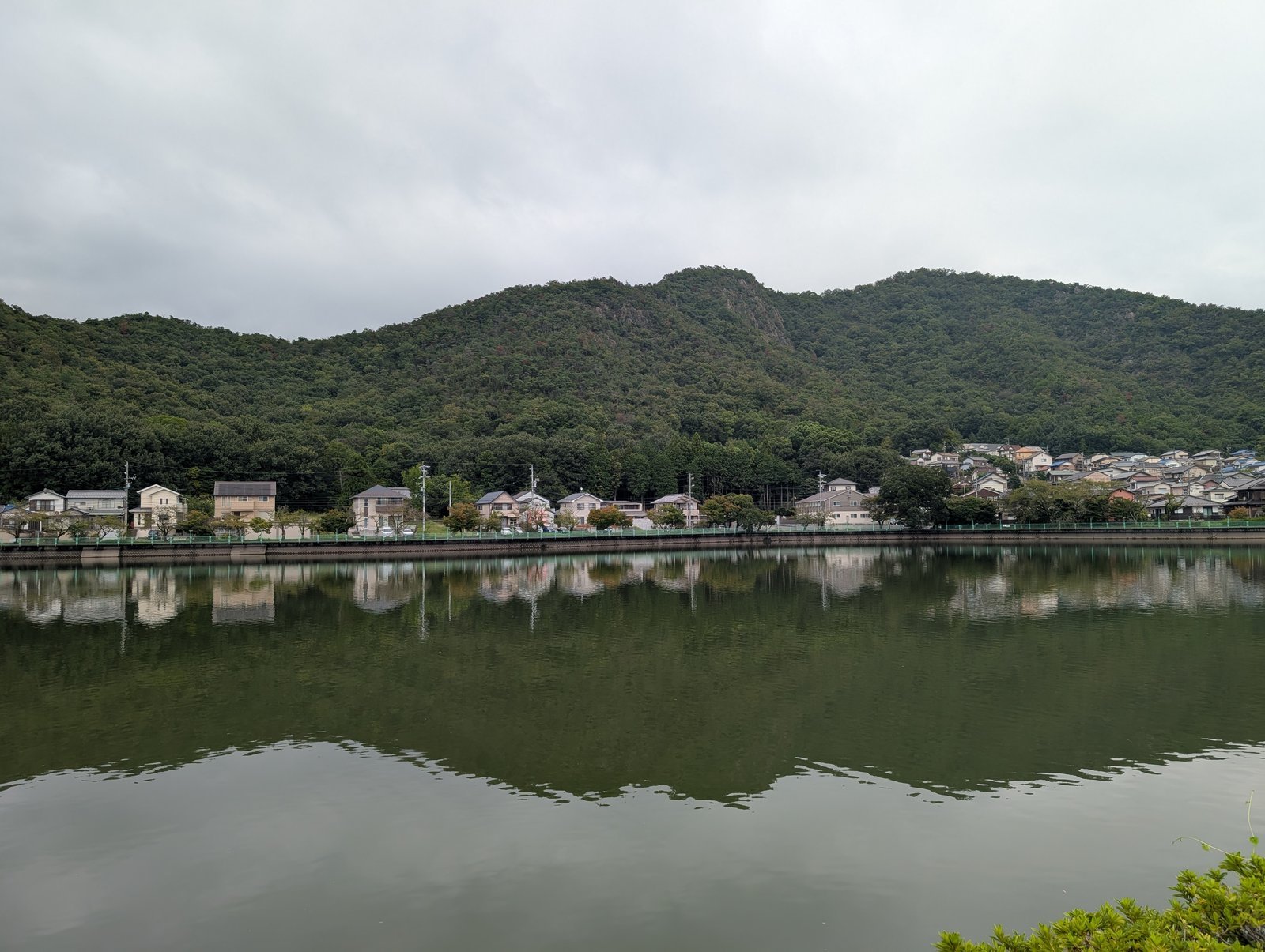 苧ヶ瀬池。対岸に堤と住宅、背後に低い山