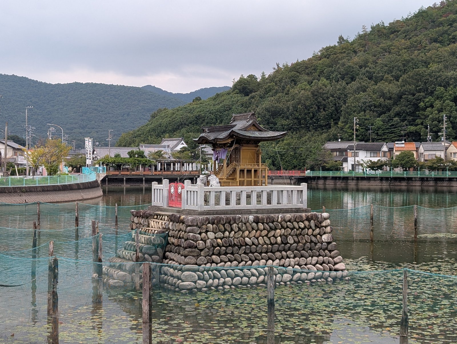池の中の基壇に建つ社殿。手前の水面に杭とネットが並ぶ