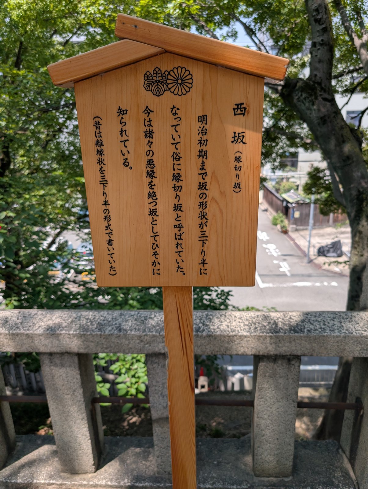 西坂の木札。離縁状の「三下り半」に由来する坂名の説明が書かれている