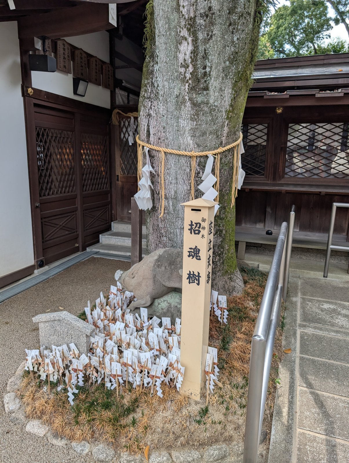 御神木の招魂樹と、根元に並ぶ座立亥串
