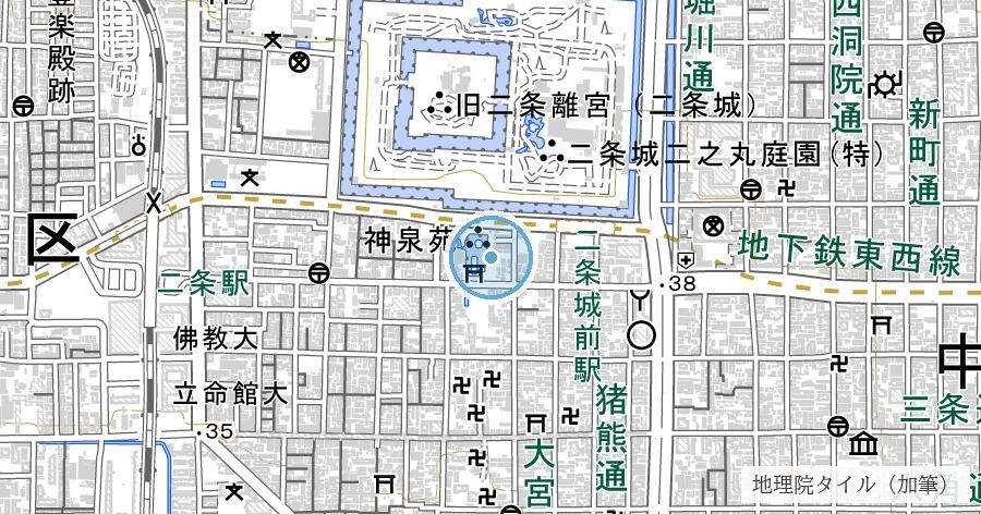 神泉苑(しんせんえん・空海の祈雨と善女龍王)の位置を示す地図
