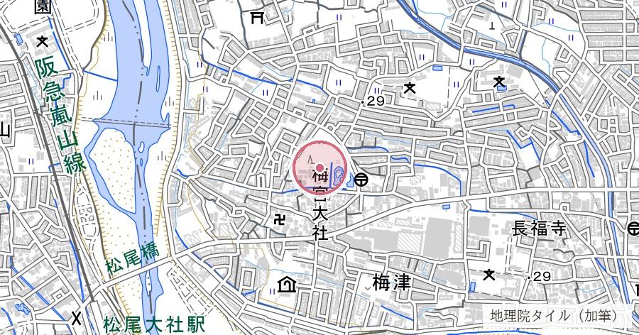 梅宮大社(うめのみやたいしゃ)の位置を示す地図