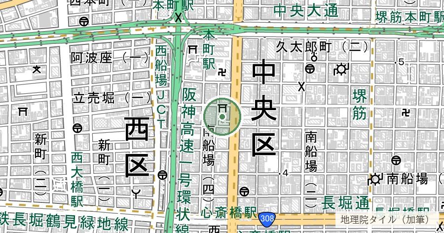 難波神社の楠（御神木）の位置を示す地図