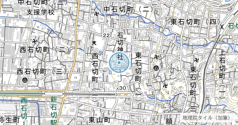 石切劔箭神社 水神社の位置を示す地図