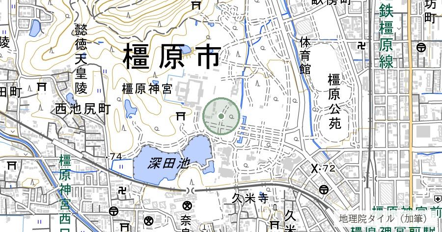 橿原神宮（建国の地・畝傍山東南麓）の位置を示す地図