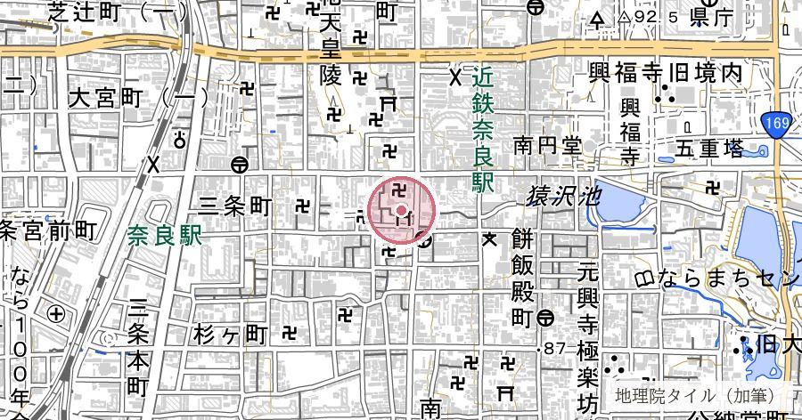 率川神社(子守明神・ゆりまつりの社)の位置を示す地図
